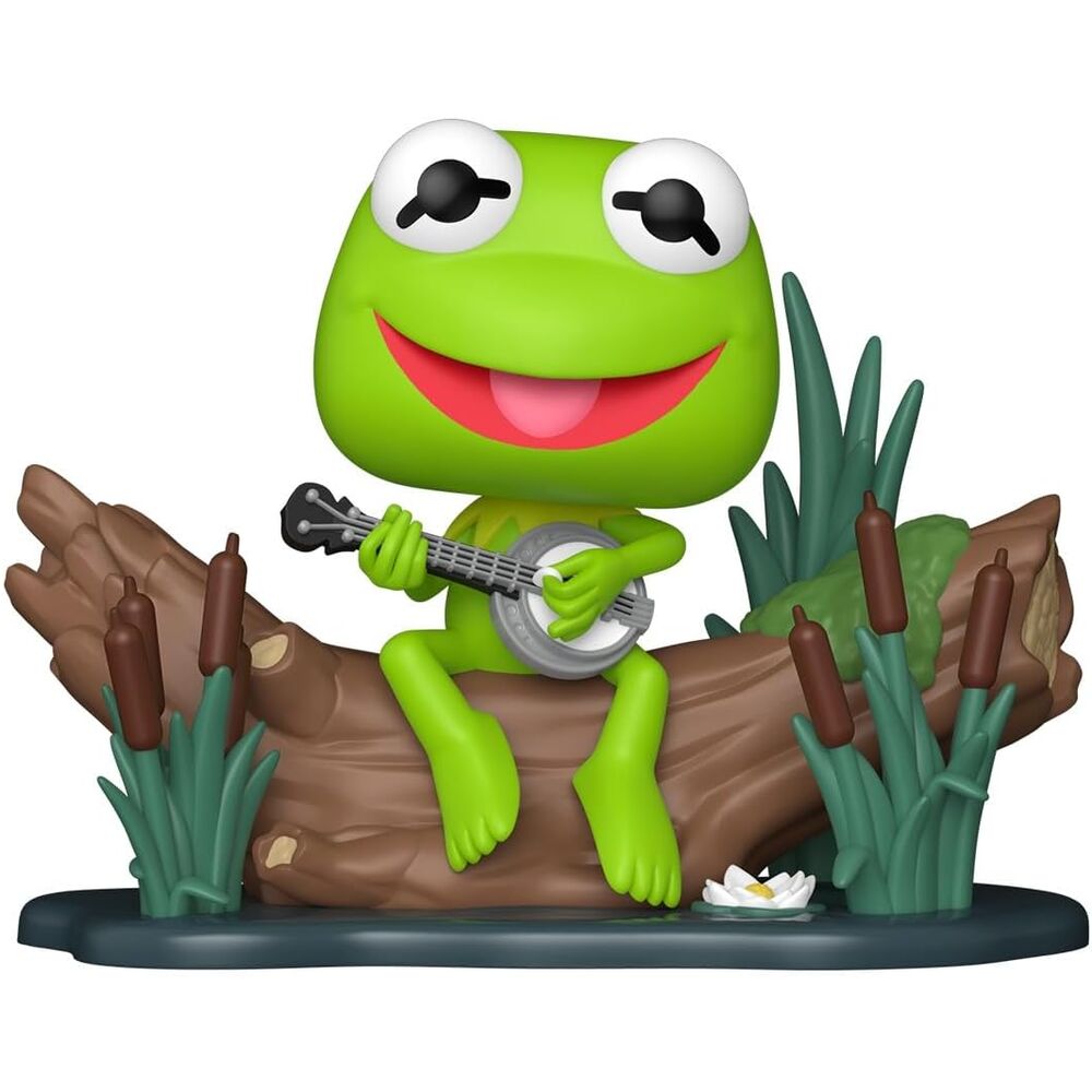Figura Funko POP Deluxe de Kermit con banjo sobre un tronco