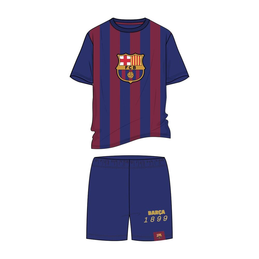 Pijama adulto del F.C. Barcelona con camiseta azul y granate y pantalón corto azul