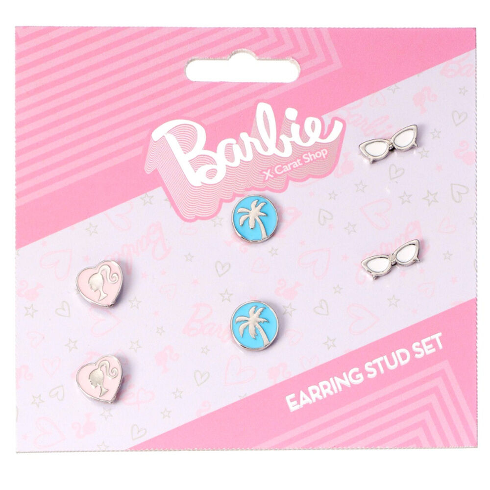 Set de tres pares de pendientes Barbie con diseños de corazón, palmera y lazo