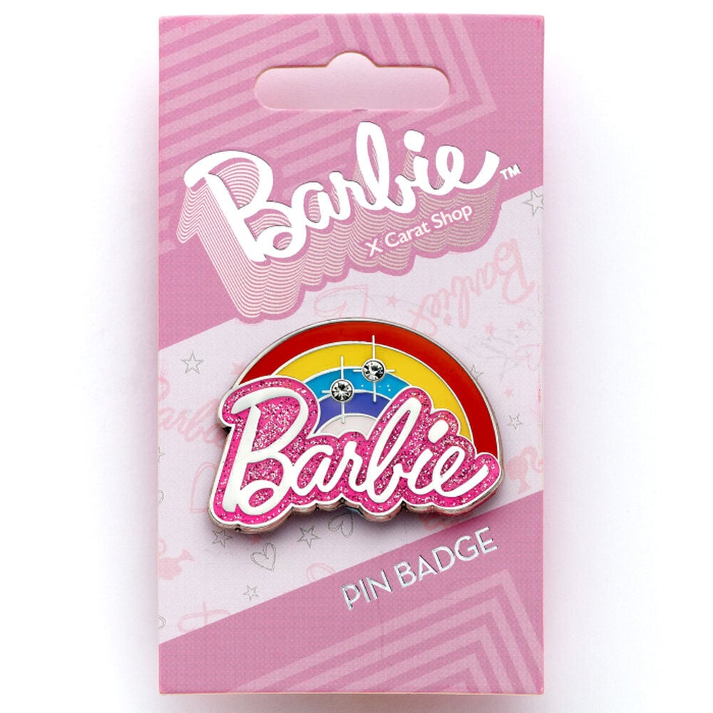 Pin Barbie Rainbow Logo rosa con arcoíris multicolor