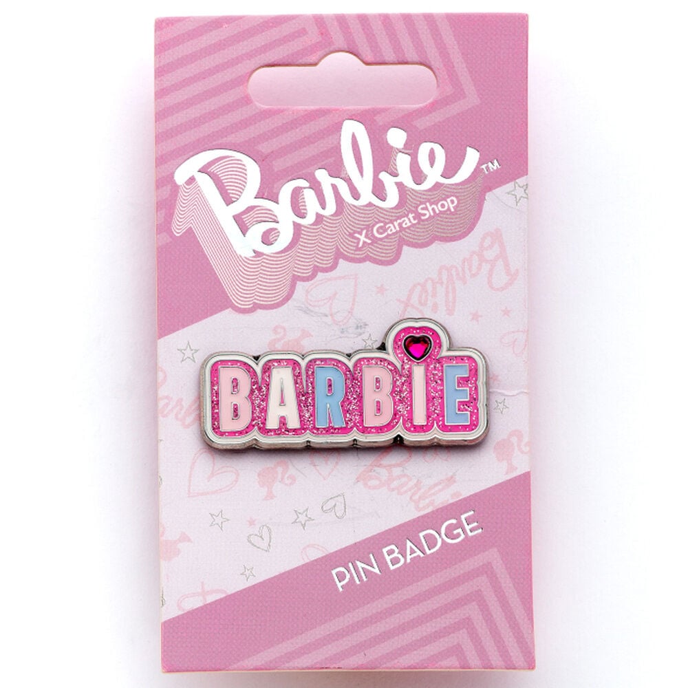 Pin rosa brillante con logotipo BARBIE y corazón