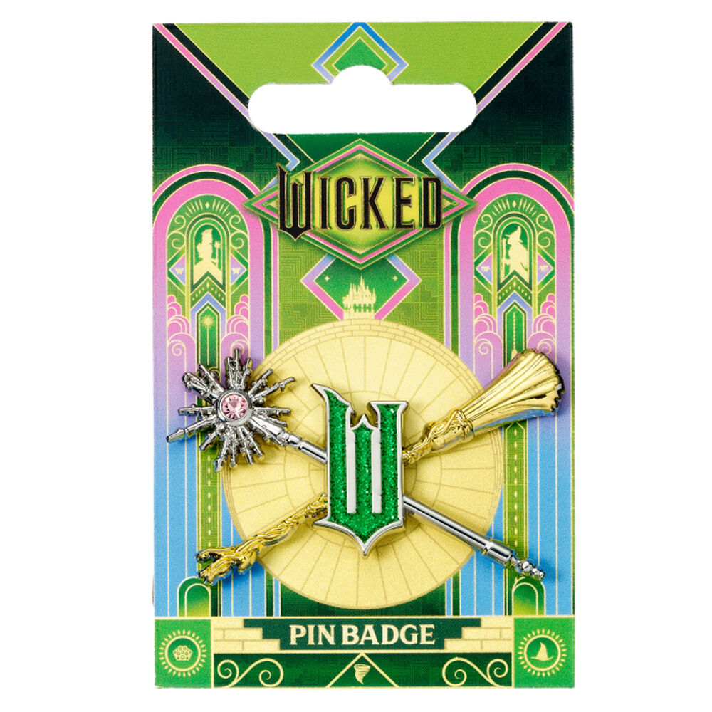 Pin Wicked For Good con varita y escoba cruzadas