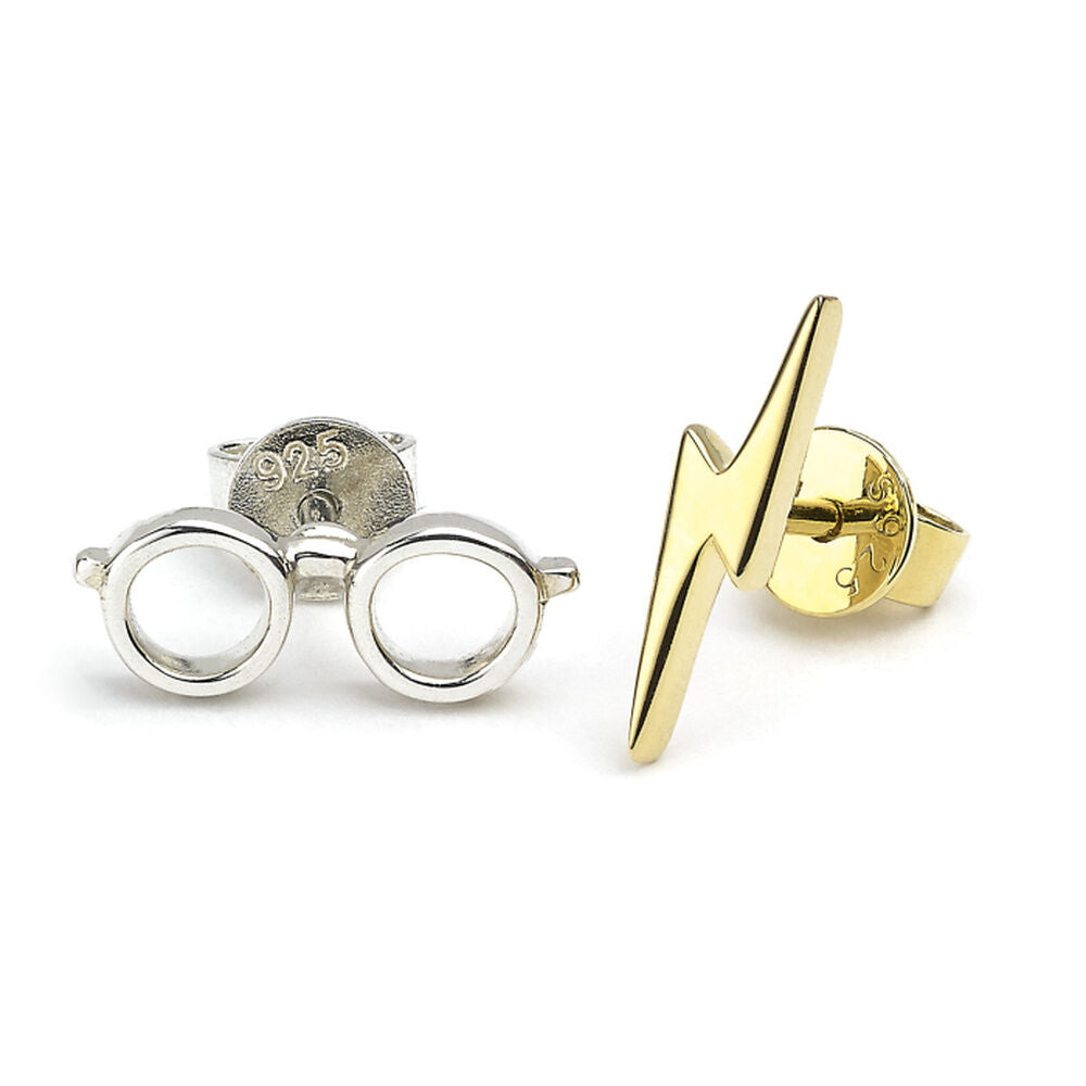 Pendientes Harry Potter con gafas y rayo en plata y acabado dorado