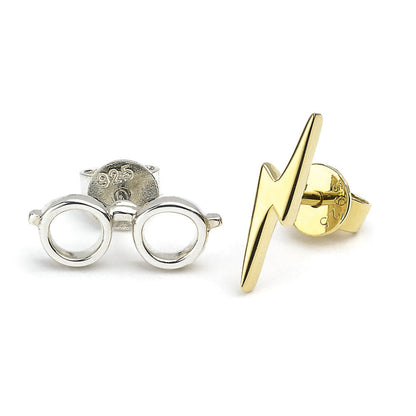 Pendientes Harry Potter con gafas y rayo en plata y acabado dorado