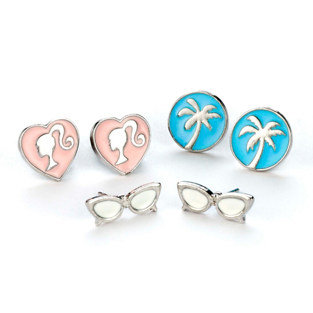 Set de tres pares de pendientes Barbie con diseños de corazón, palmera y lazo - 2