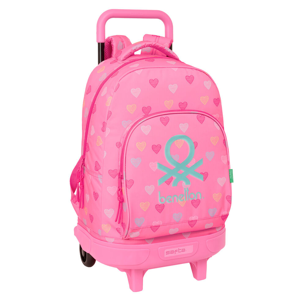 Trolley mochila escolar rosa Benetton con estampado de corazones