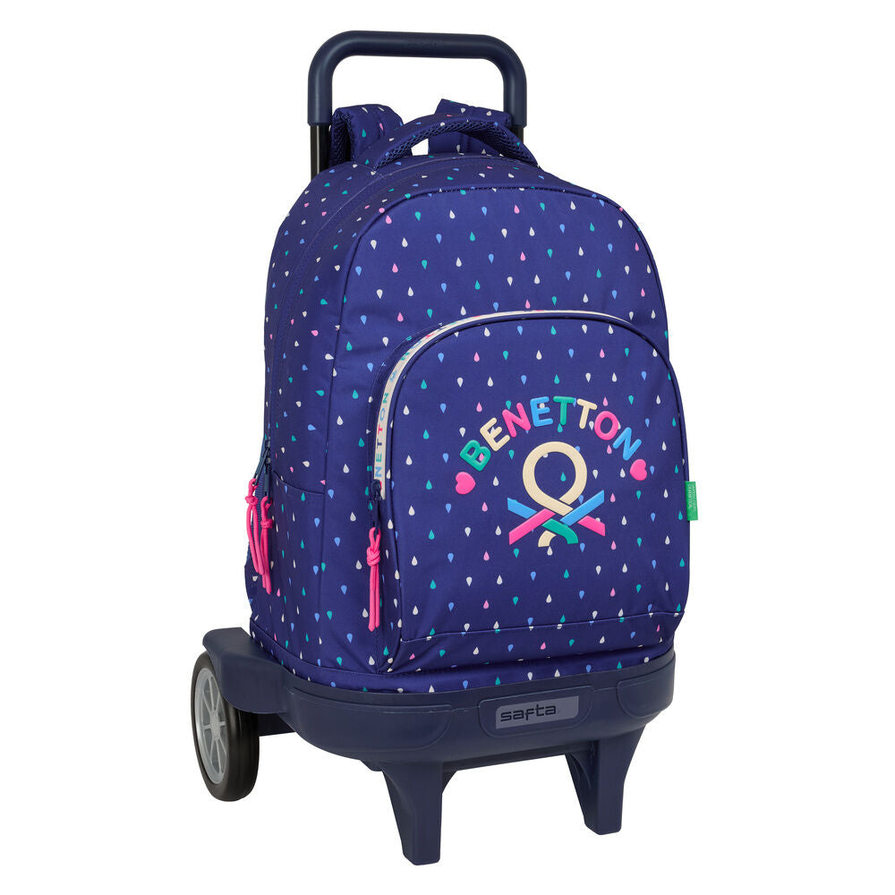 Trolley escolar Benetton azul marino con mochila extraíble y estampado de gotas multicolor