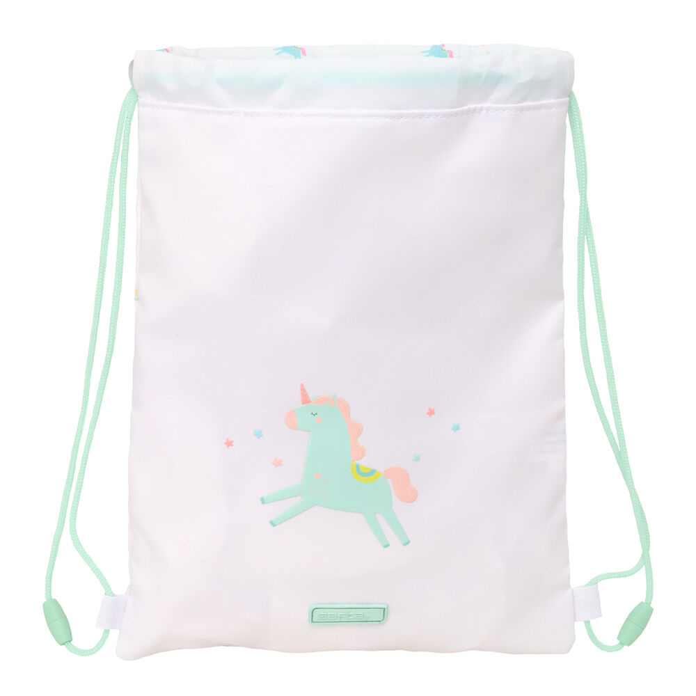 Saco infantil SAFTA blanco con unicornio y cordones verdes