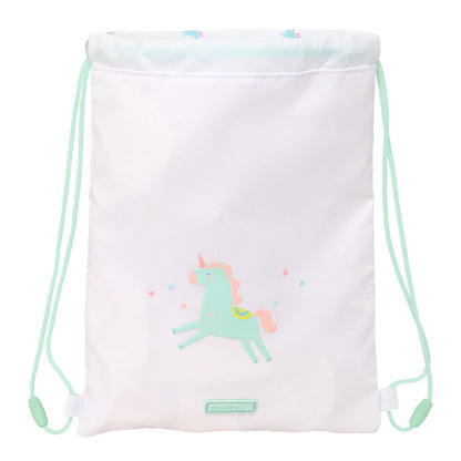 Saco infantil SAFTA blanco con unicornio y cordones verdes