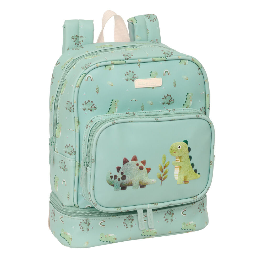 Mochila portameriendas SAFTA Dinos verde menta con estampado de dinosaurios