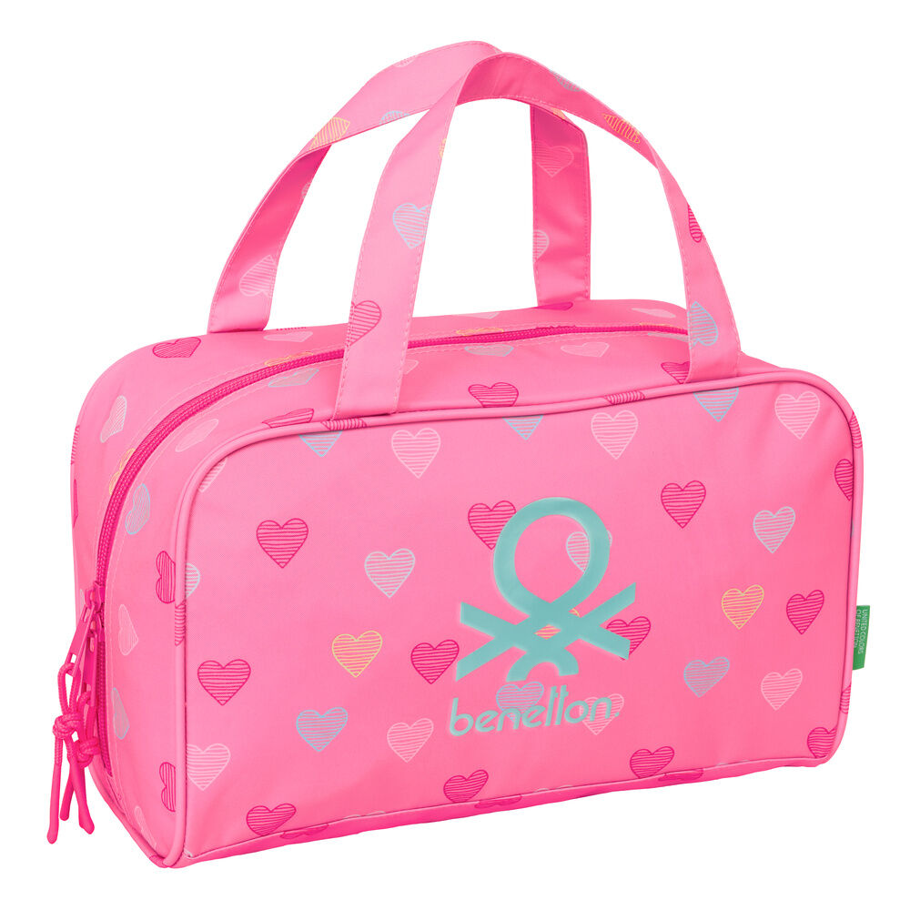 Neceser Heart Benetton rosa con estampado de corazones y dos asas