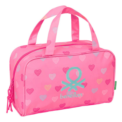 Neceser Heart Benetton rosa con estampado de corazones y dos asas
