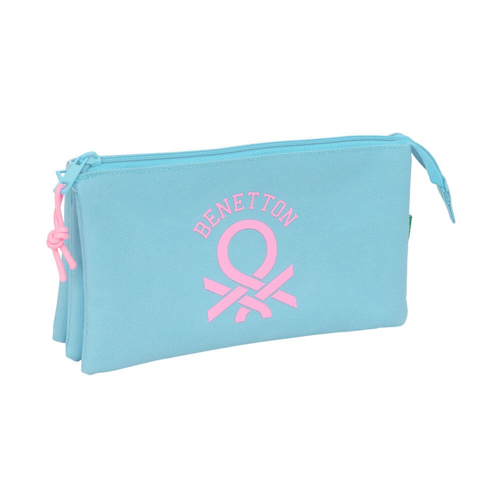 Portatodo triple celeste Benetton con logotipo rosa