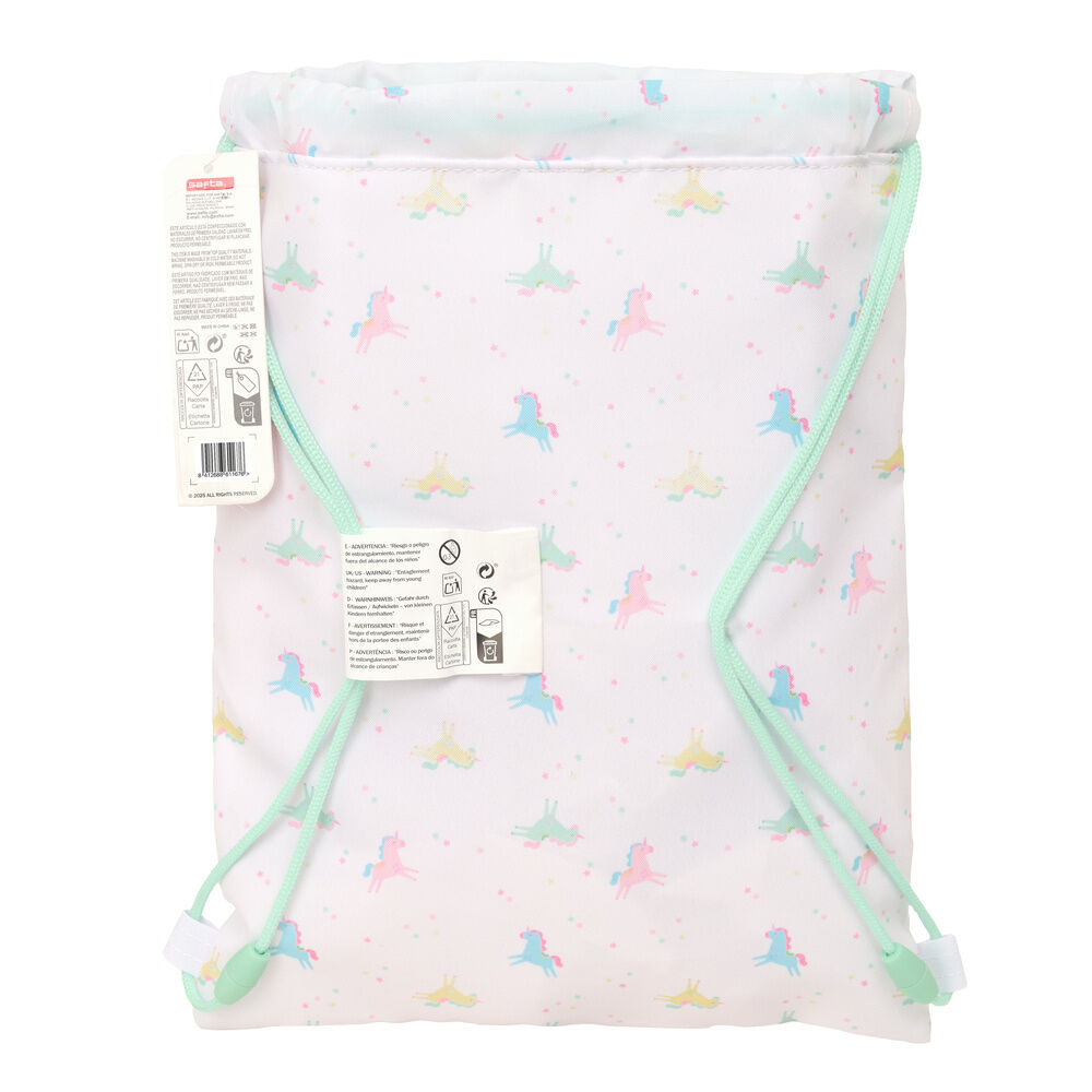 Saco infantil SAFTA blanco con unicornio y cordones verdes - 5