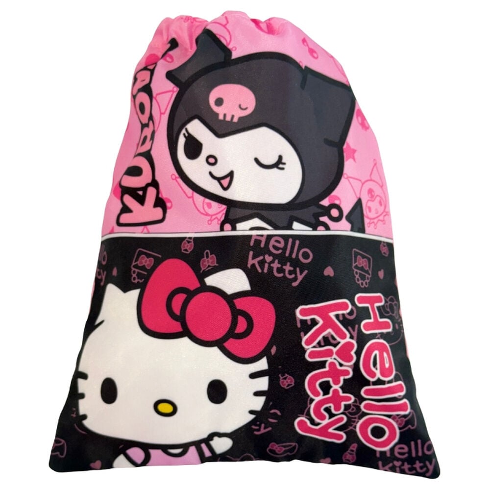 Saco de merienda rosa y negro con Kuromi y Hello Kitty