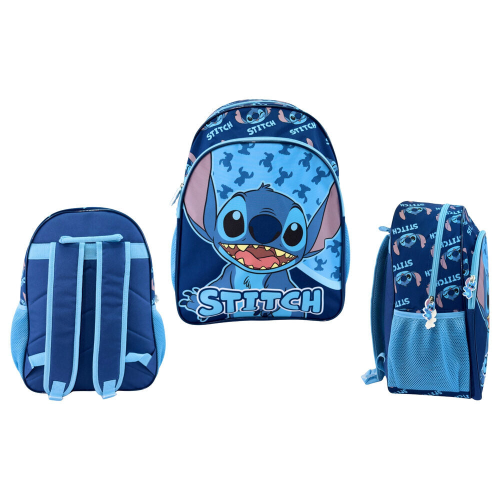 Mochila azul Disney Stitch de 40 cm con compartimento frontal y bolsillos laterales