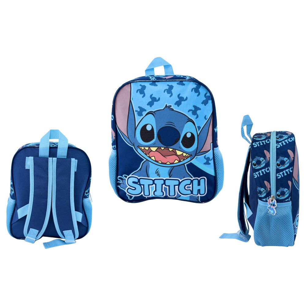 Mochila azul de Stitch Disney con estampado y bolsillos laterales