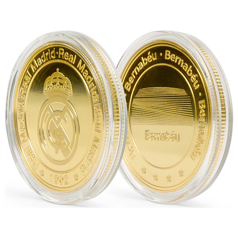 Moneda dorada del Real Madrid y el Bernabéu en cápsula acrílica