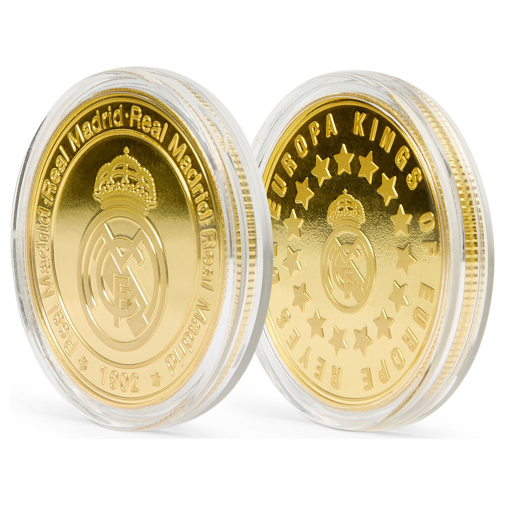 Moneda dorada Kings of Europe del Real Madrid en cápsula acrílica