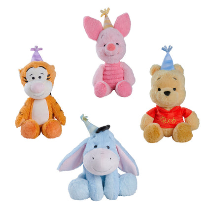 Peluches Disney de Winnie the Pooh, Tigger, Piglet e Igor con gorros de celebración
