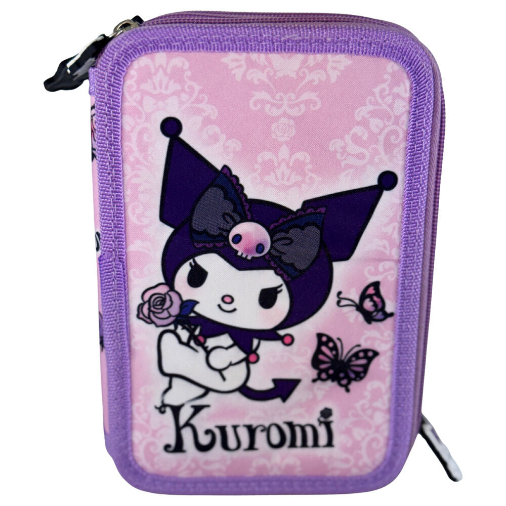 Plumier triple morado de Kuromi con diseño rosa y mariposas