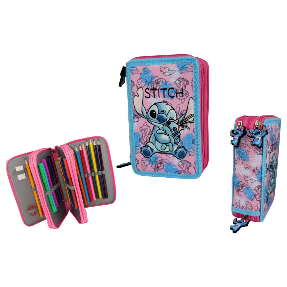 Plumier triple Disney Stitch Doll rosa y azul con tres compartimentos