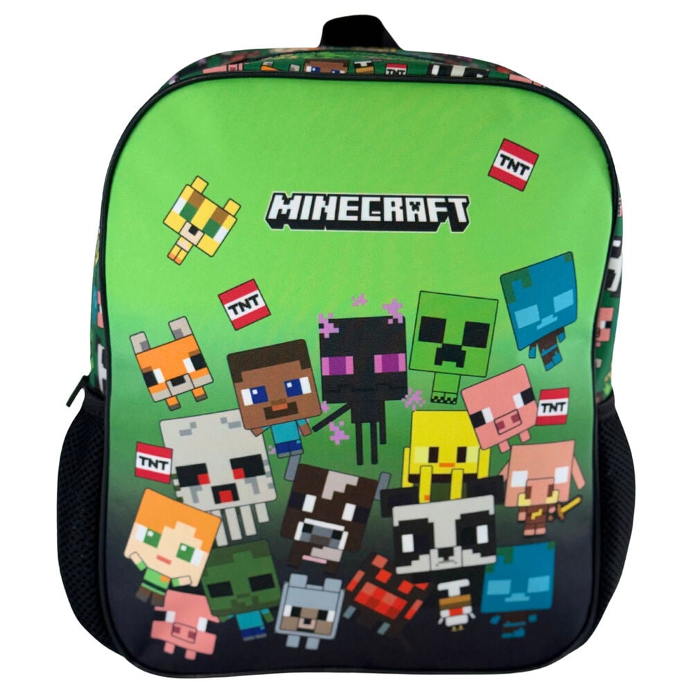 Mochila verde de Minecraft con personajes y bolsillos laterales de rejilla
