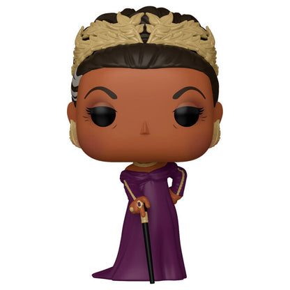 Figura Funko POP de Lady Danbury con vestido morado, tocado dorado y bastón