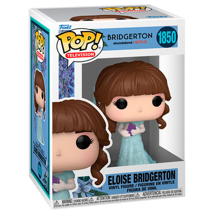 Figura Funko POP! de Eloise Bridgerton con vestido azul y libro morado en caja