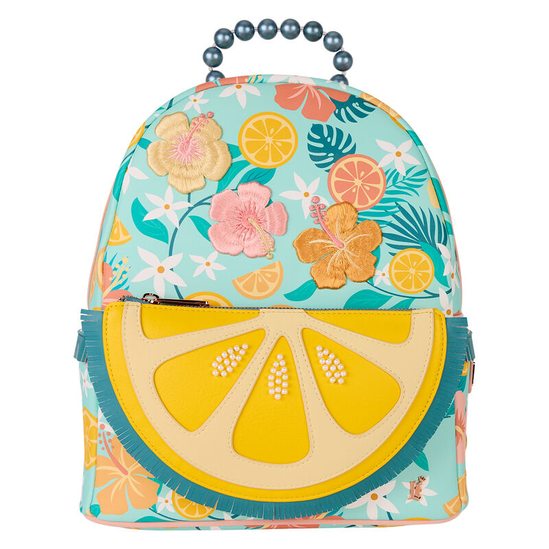 Mochila Lemon Loungefly turquesa con flores, cítricos y detalle frontal de limón