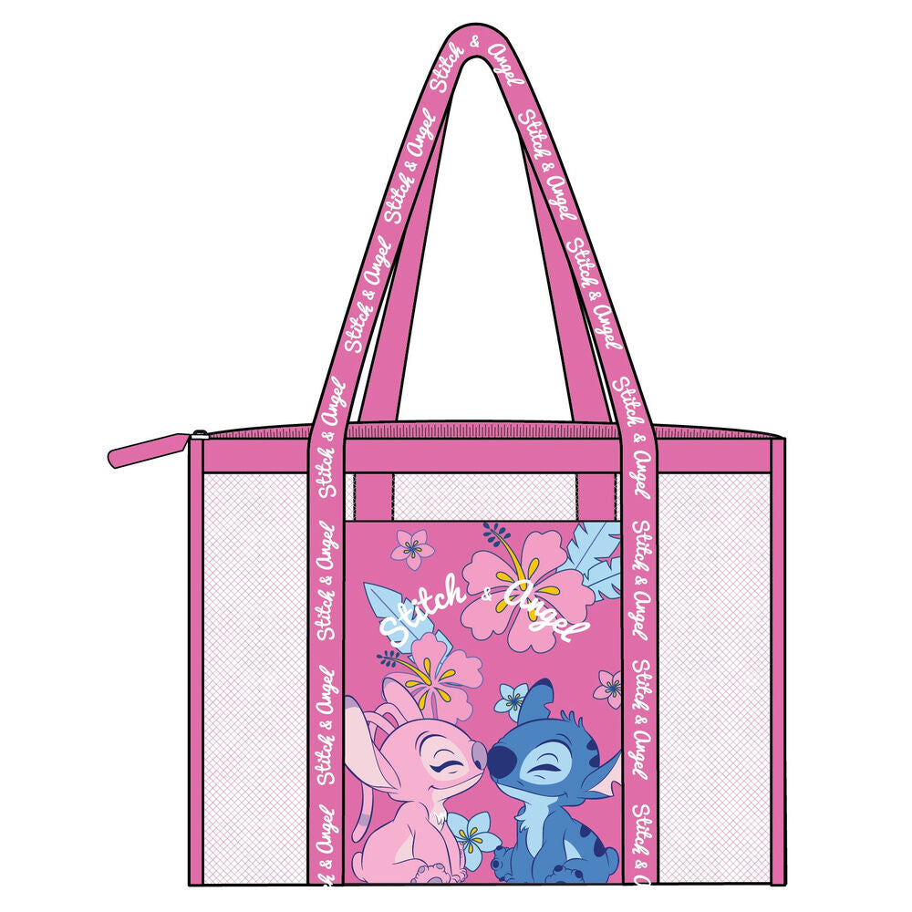 Bolsa de playa de rejilla rosa con Stitch y Angel Disney