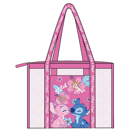 Bolsa de playa de rejilla rosa con Stitch y Angel Disney