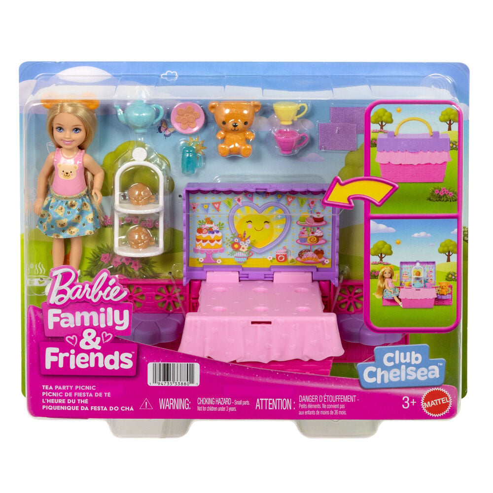 Muñeca Chelsea Barbie con cesta de pícnic transformable y accesorios de fiesta de té
