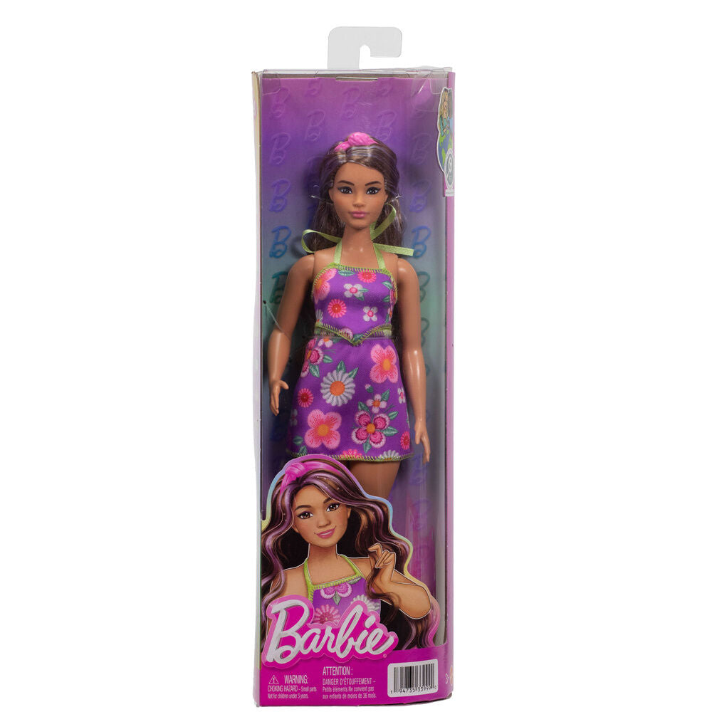 Muñeca Barbie Floral con vestido morado de flores y pelo con mechas moradas