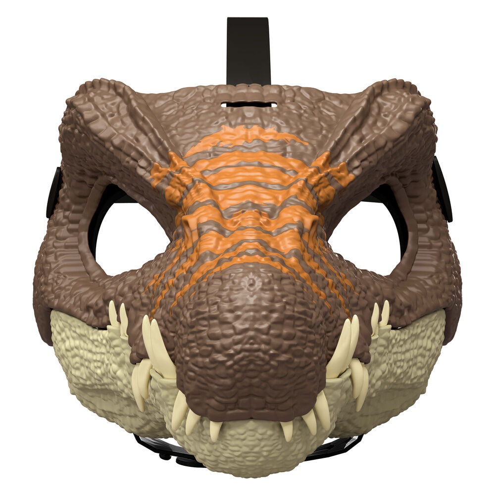 Máscara de dinosaurio Jurassic World con textura escamada y dientes decorativos