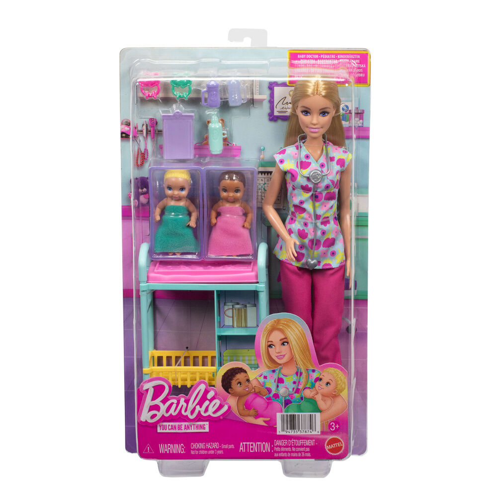 Muñeca Barbie pediatra con dos bebés, mesa de reconocimiento y accesorios