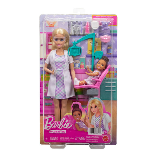 Muñeca Barbie dentista con paciente y silla dental
