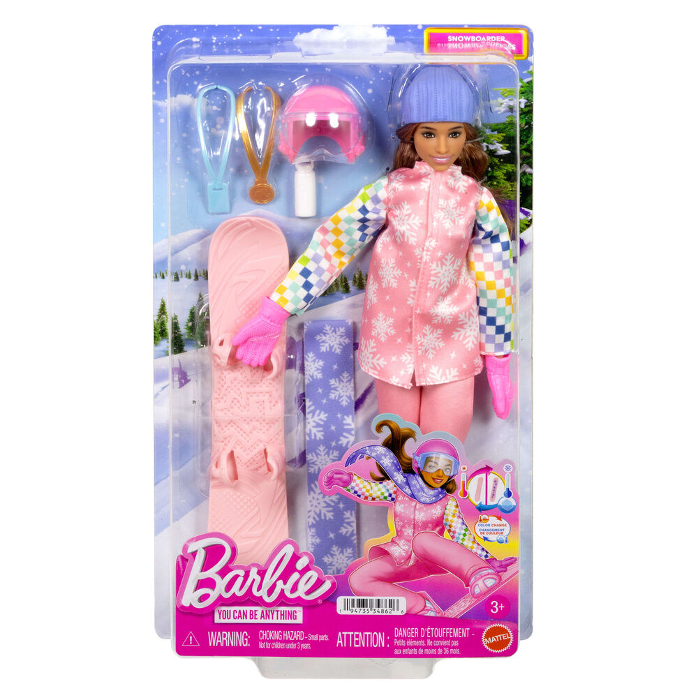 Muñeca Barbie snowboarder con abrigo rosa, gorro y tabla de snowboard