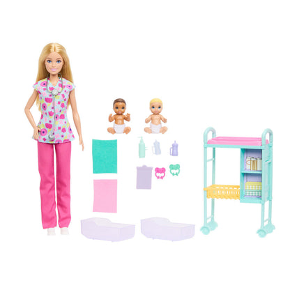 Muñeca Barbie pediatra con dos bebés, mesa de reconocimiento y accesorios - 2