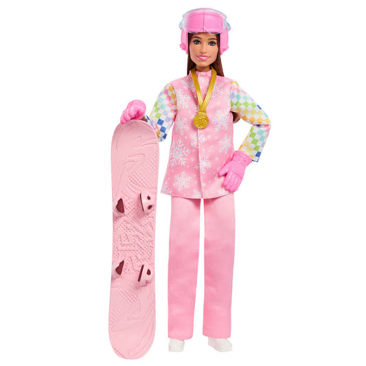 Muñeca Barbie snowboarder con abrigo rosa, gorro y tabla de snowboard - 2