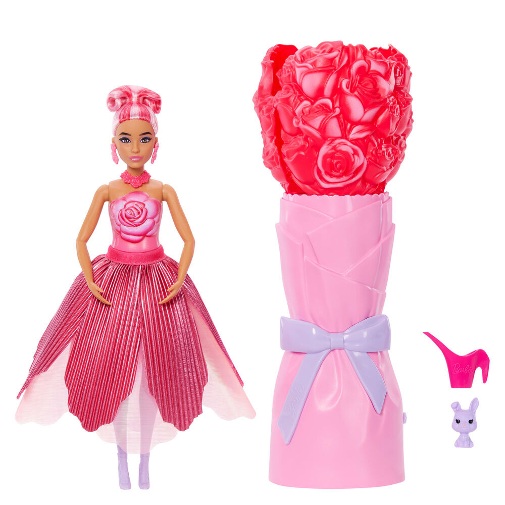 Muñeca Barbie Petal Pop Rosa Roja con diseño floral y lazo lila - 2