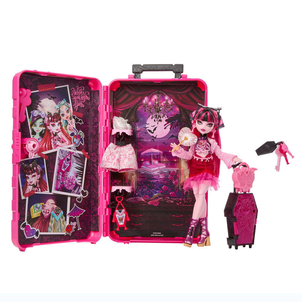 Muñeca Draculaura Monster High junto a su estuche de viaje rosa - 2