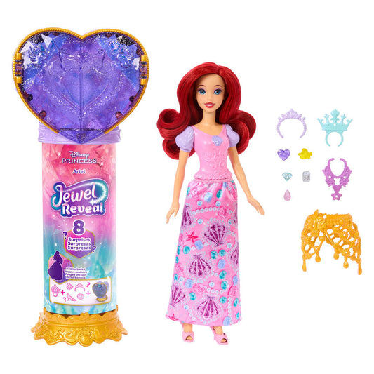 Muñeca Ariel Jewel Reveal de Disney con vestido rosa, corazón morado y accesorios