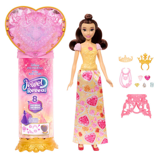 Muñeca Bella Disney Jewel Reveal con vestido amarillo, corazón rosa y accesorios