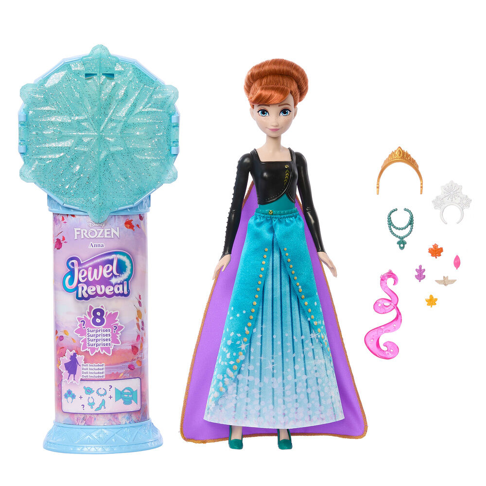 Muñeca Anna de Frozen con vestido turquesa, capa morada y accesorios