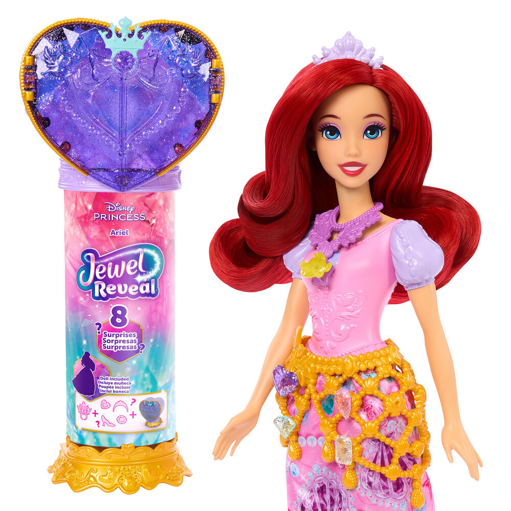 Muñeca Ariel Jewel Reveal de Disney con vestido rosa, corazón morado y accesorios - 3