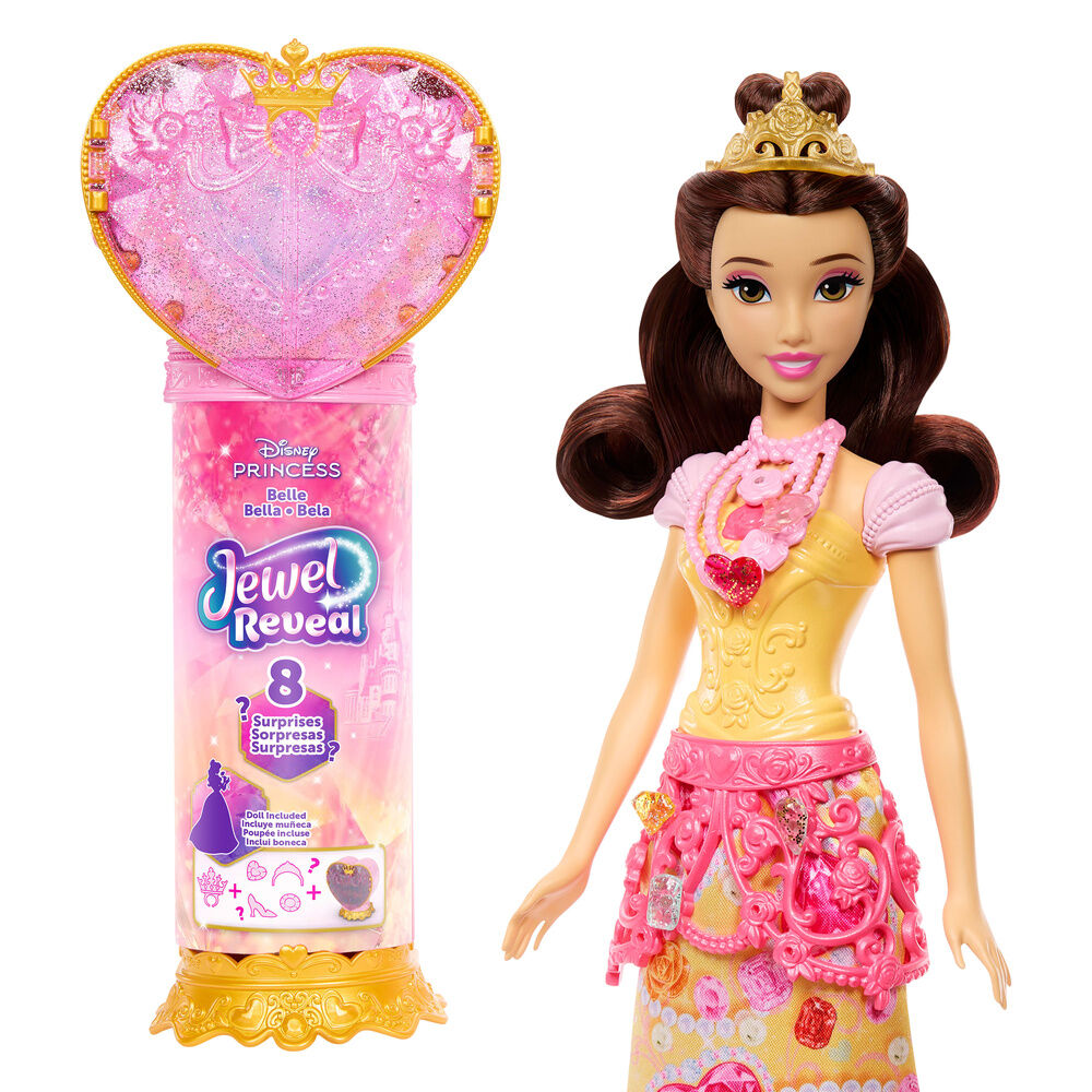 Muñeca Bella Disney Jewel Reveal con vestido amarillo, corazón rosa y accesorios - 3