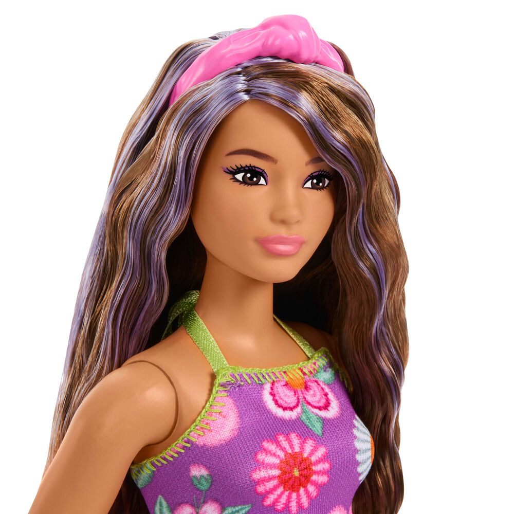 Muñeca Barbie Floral con vestido morado de flores y pelo con mechas moradas - 4