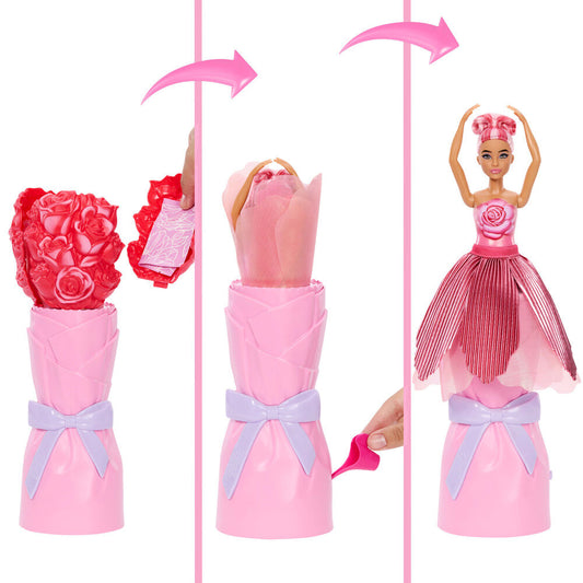 Muñeca Barbie Petal Pop Rosa Roja con diseño floral y lazo lila - 4