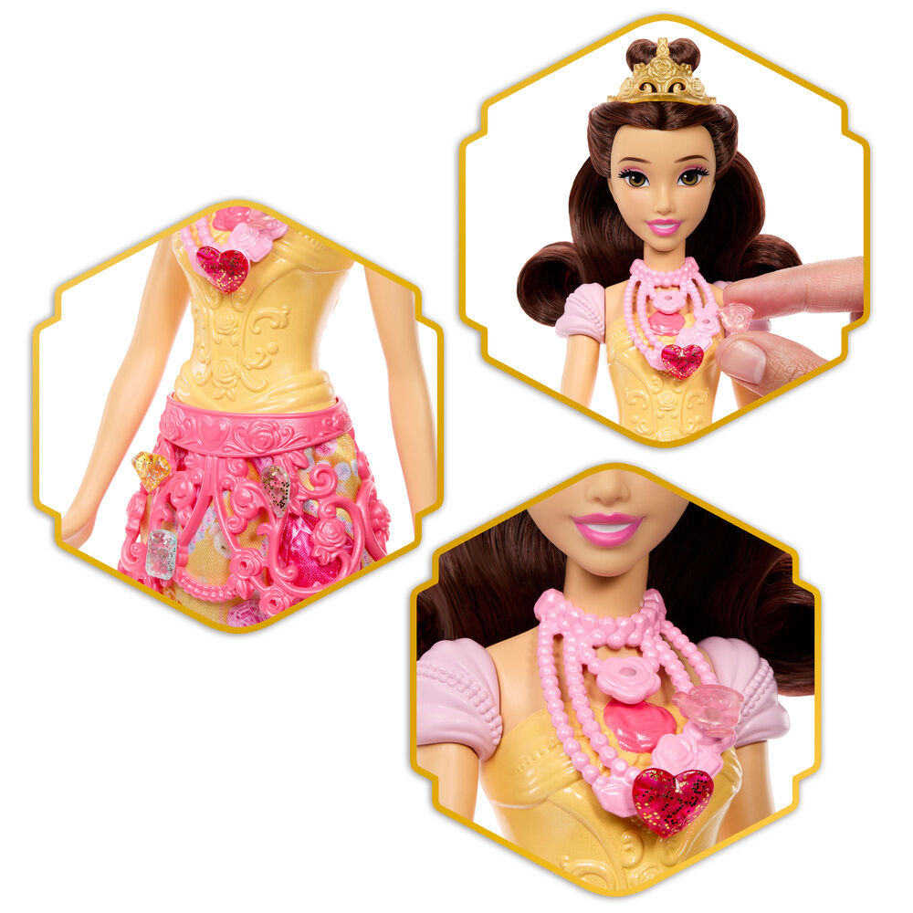 Muñeca Bella Disney Jewel Reveal con vestido amarillo, corazón rosa y accesorios - 4